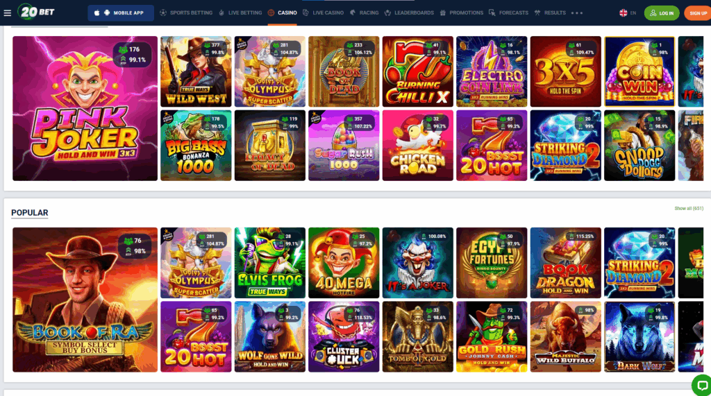 Overview of the slot games available in 20Bet Guyana