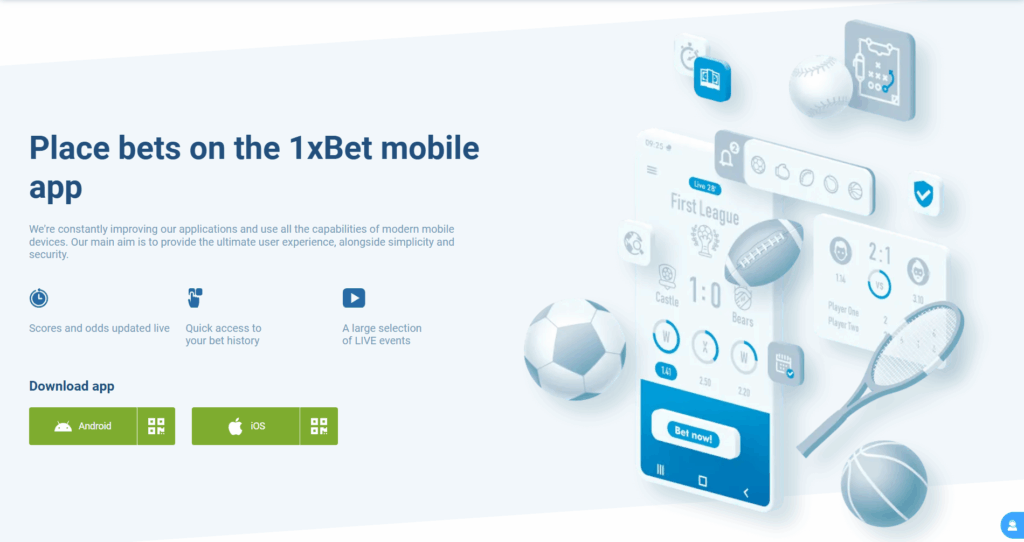 Overview of the mobile version of 1xBet Guyana