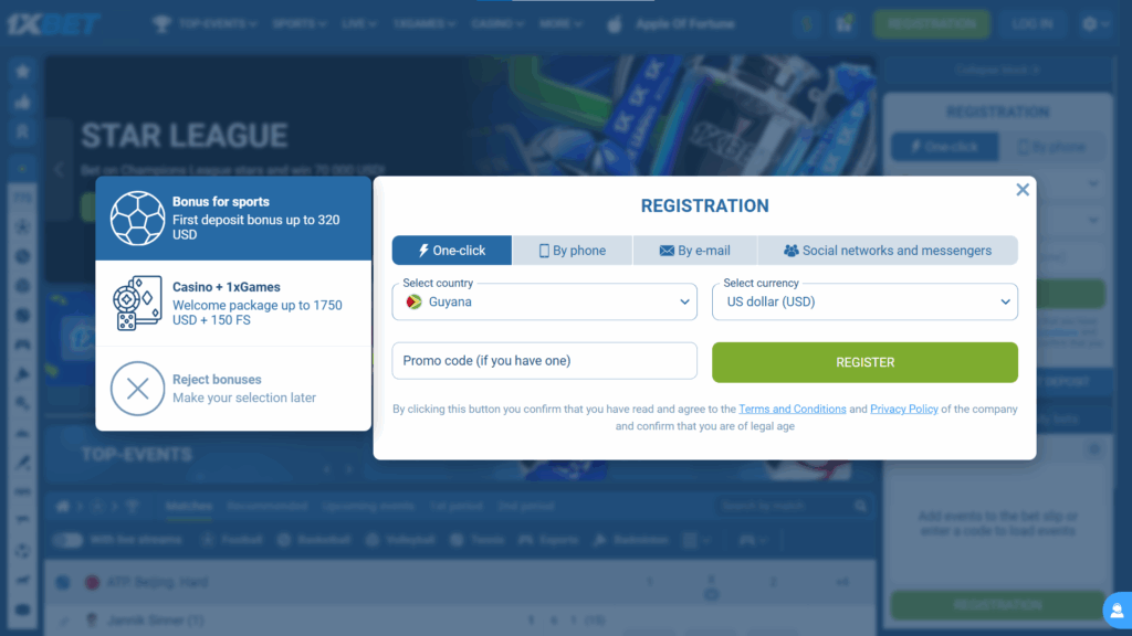 Step-by-step guide for the registration process in 1xBet Guyana