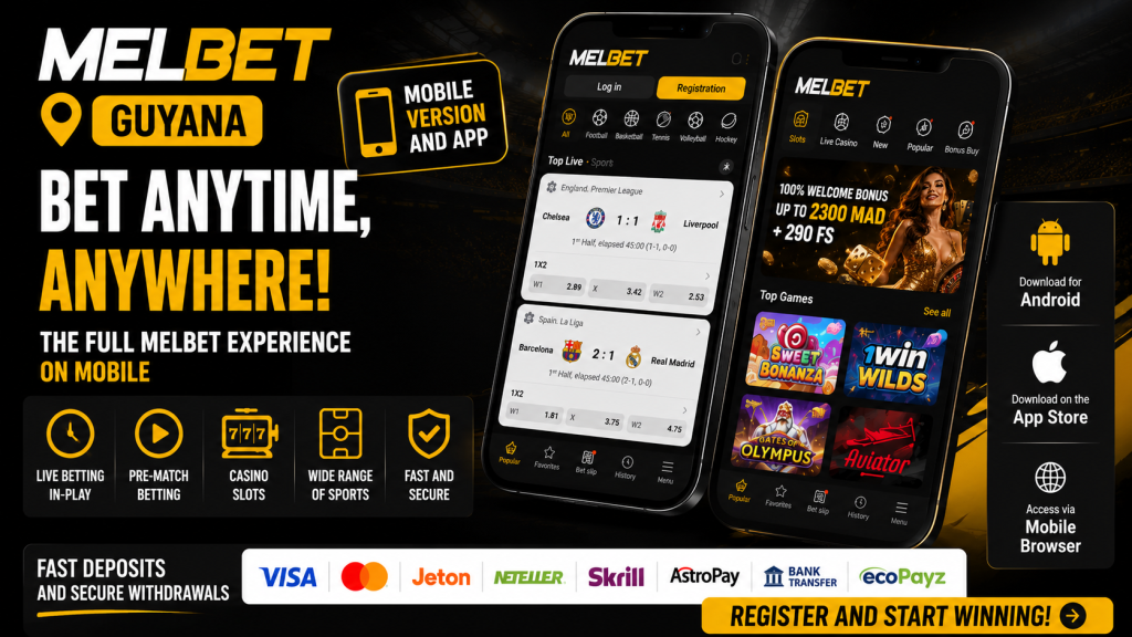 Melbet ad banner promoting mobile betting in Guyana with two smartphones and download options for Android and iOS on the right side.