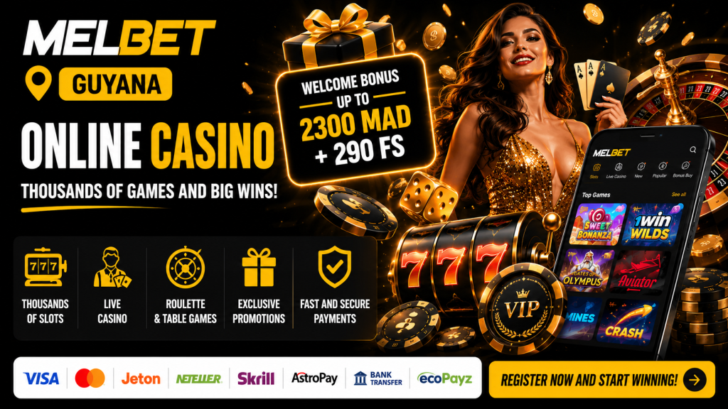 Promotional banner for Melbet Guyana online casino with welcome bonus up to 2300 MAD + 290 FS and a glamorous woman holding cards amid roulette and gifts.