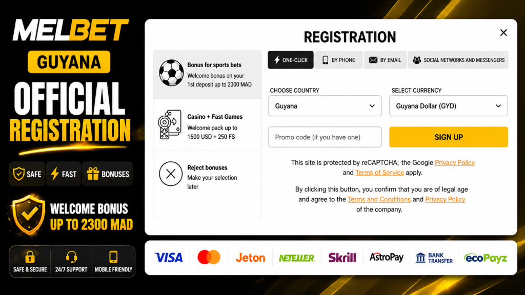 Registration popup on MelBet site with country and currency selectors and a yellow Sign Up button.