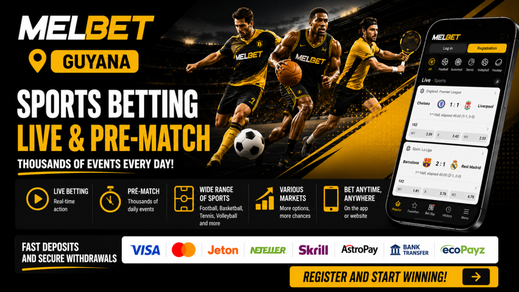 MelBet Guyana sports betting banner with athletes and a phone displaying the betting app