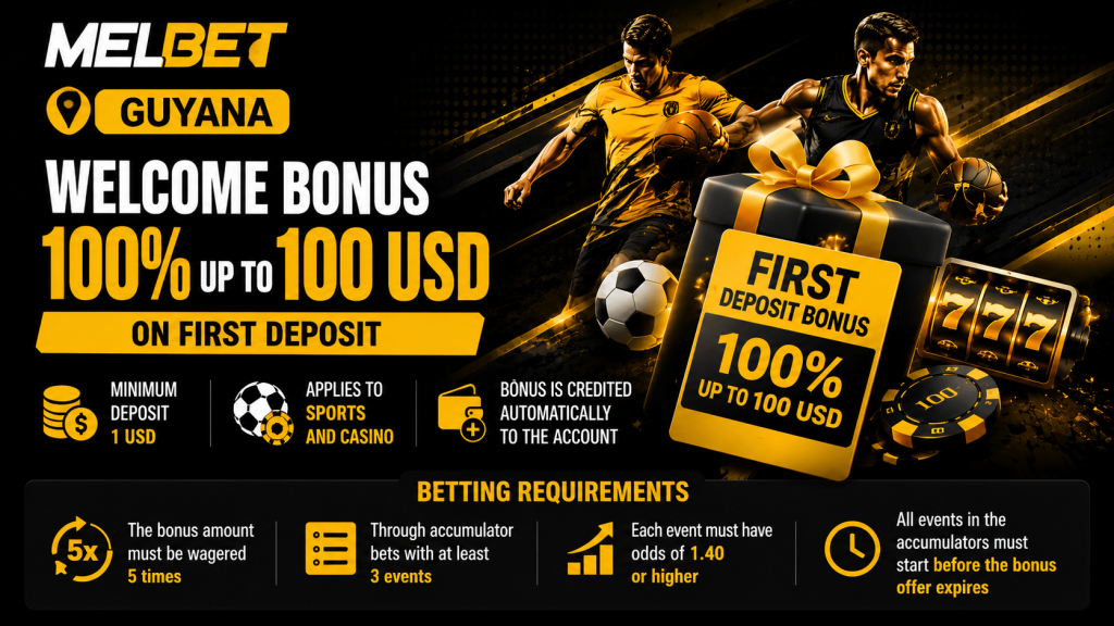 Promotional banner for MelBet Guyana offering a welcome bonus: 100% up to 100 USD on first deposit with sports imagery and gift box visuals.